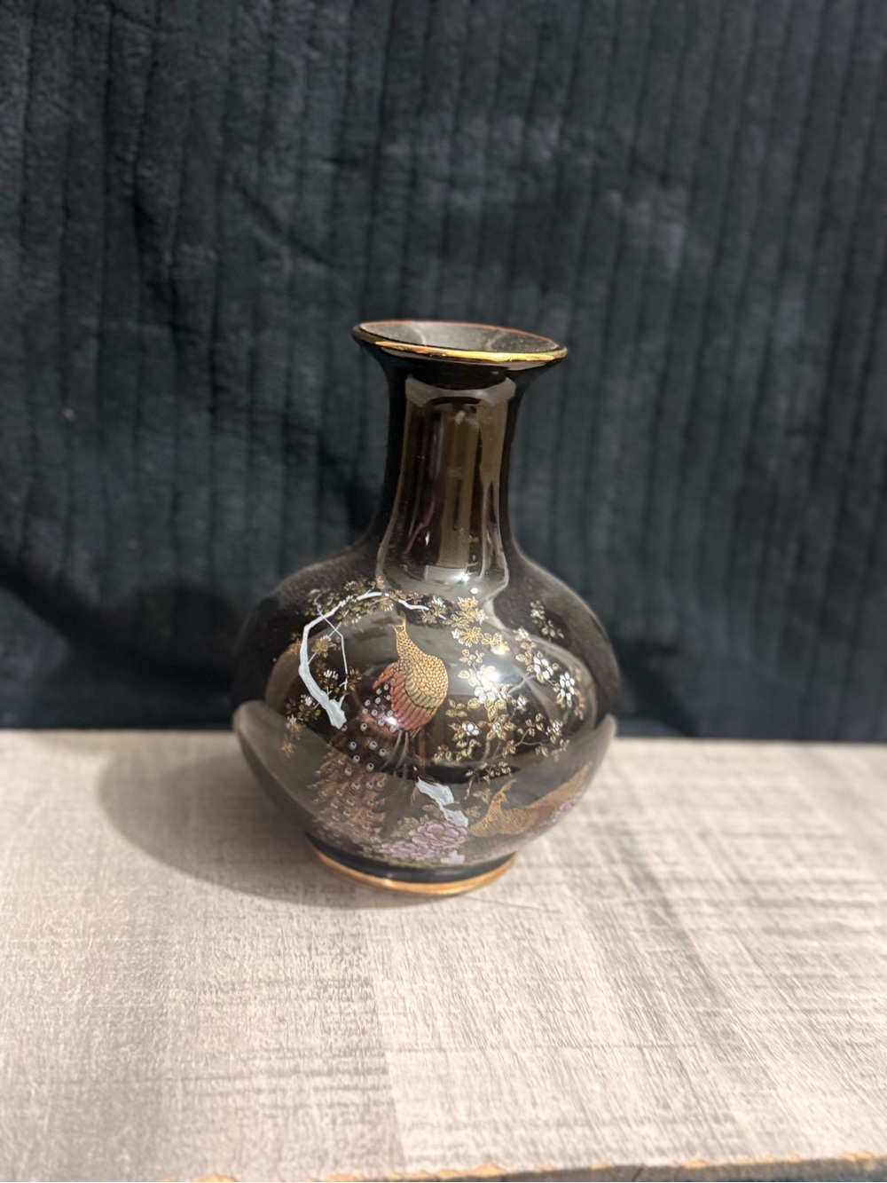 Japanese Black Decorative Porcelain Vase with Gold and Multicolor Peacock Motif